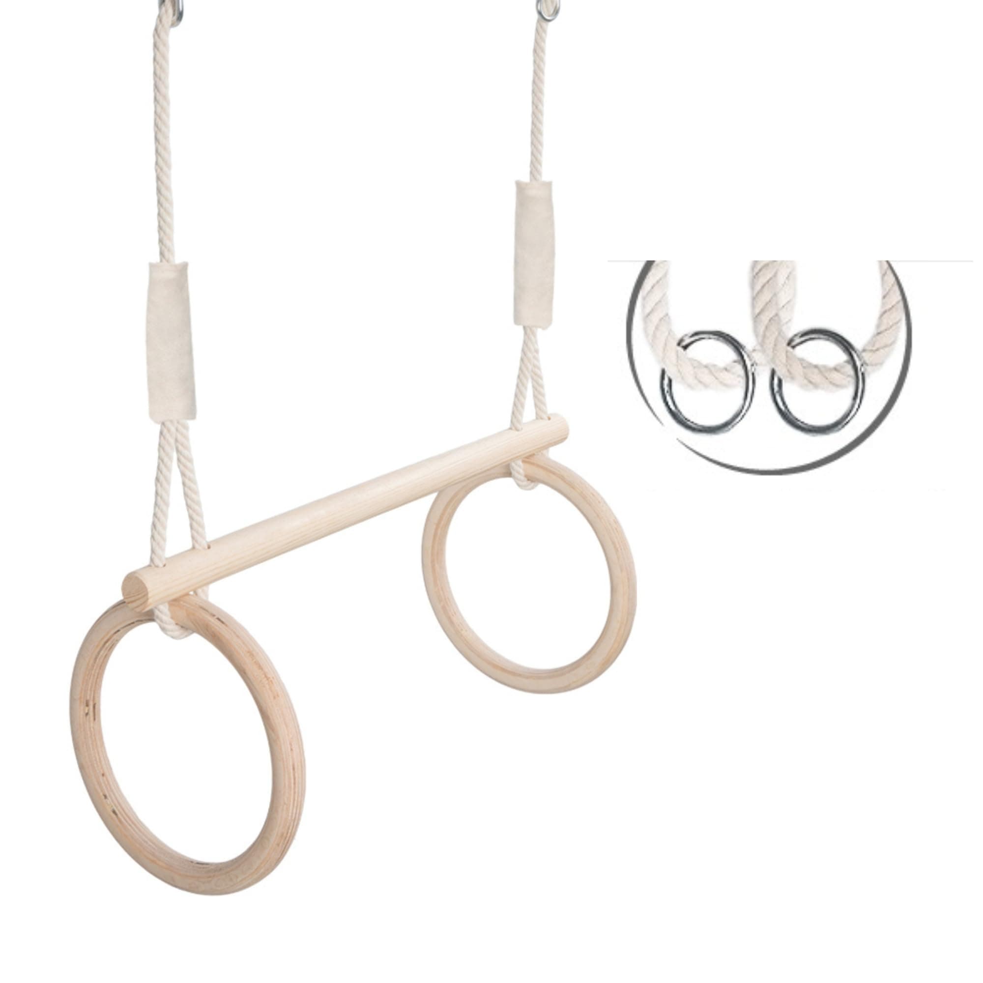 Trapezoidal swing, gymnastics rings made of wood, gymnastics equipment indoor and outdoor, rings swing, gymnastics with wooden swing, gymnastics rings and trapezoidal bar