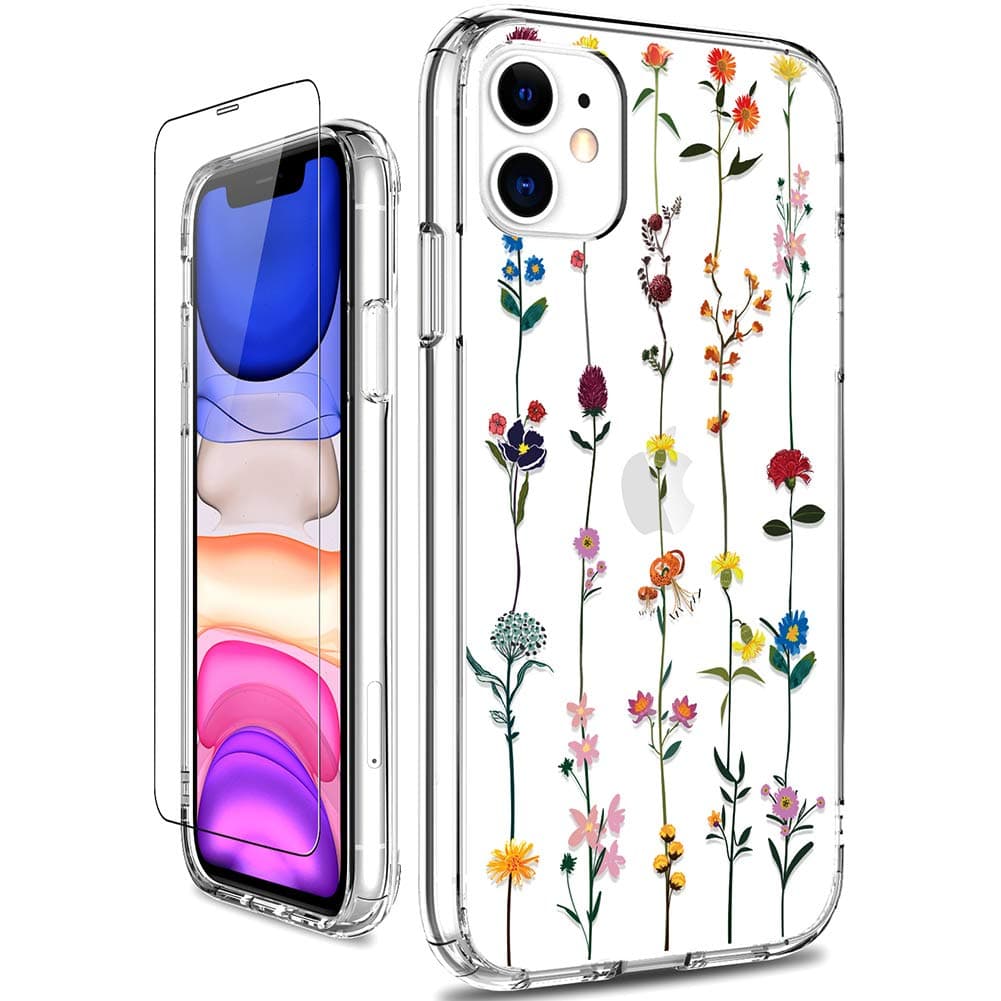 GiiKafor iPhone 11 Case, Clear Shockproof Hard PC Case with TPU Bumper Heavy Duty Protective Floral Women Girls Bumper Cover Phone Case for iPhone 11, Colorful Flowers