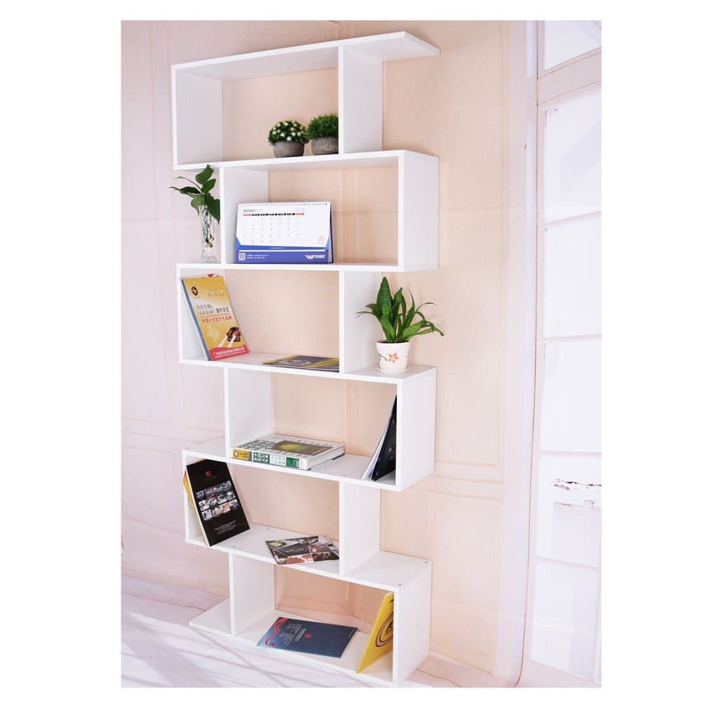 CitySales S Shaped Bookcase Bookshelf Decoration Display Unit Storage Rack 6 Tier Shelves Office Library Living Room Furniture White/Black (White)