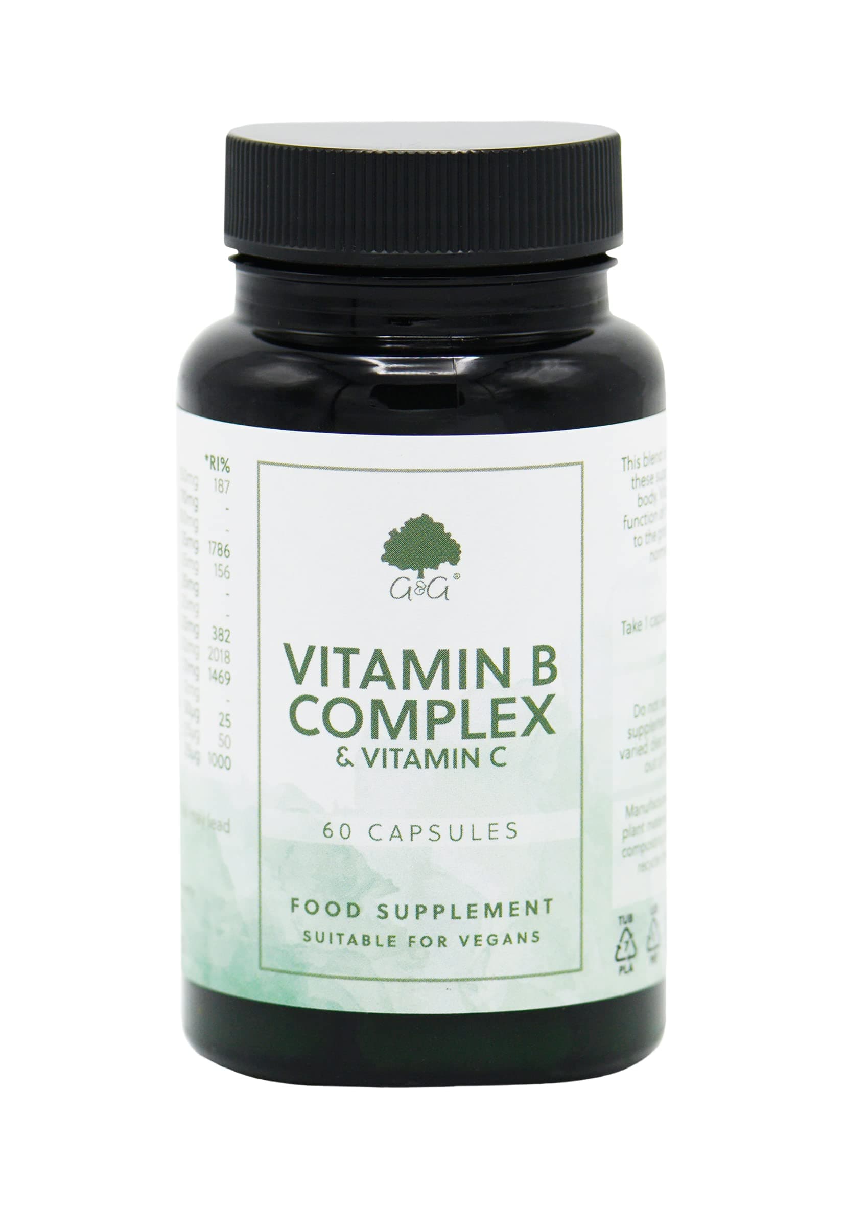 Vitamin B Complex & C - Non-Acidic Vitamin C - 60 Vegan Capsules - Non-GMO, Made in The UK by G&G Vitamins