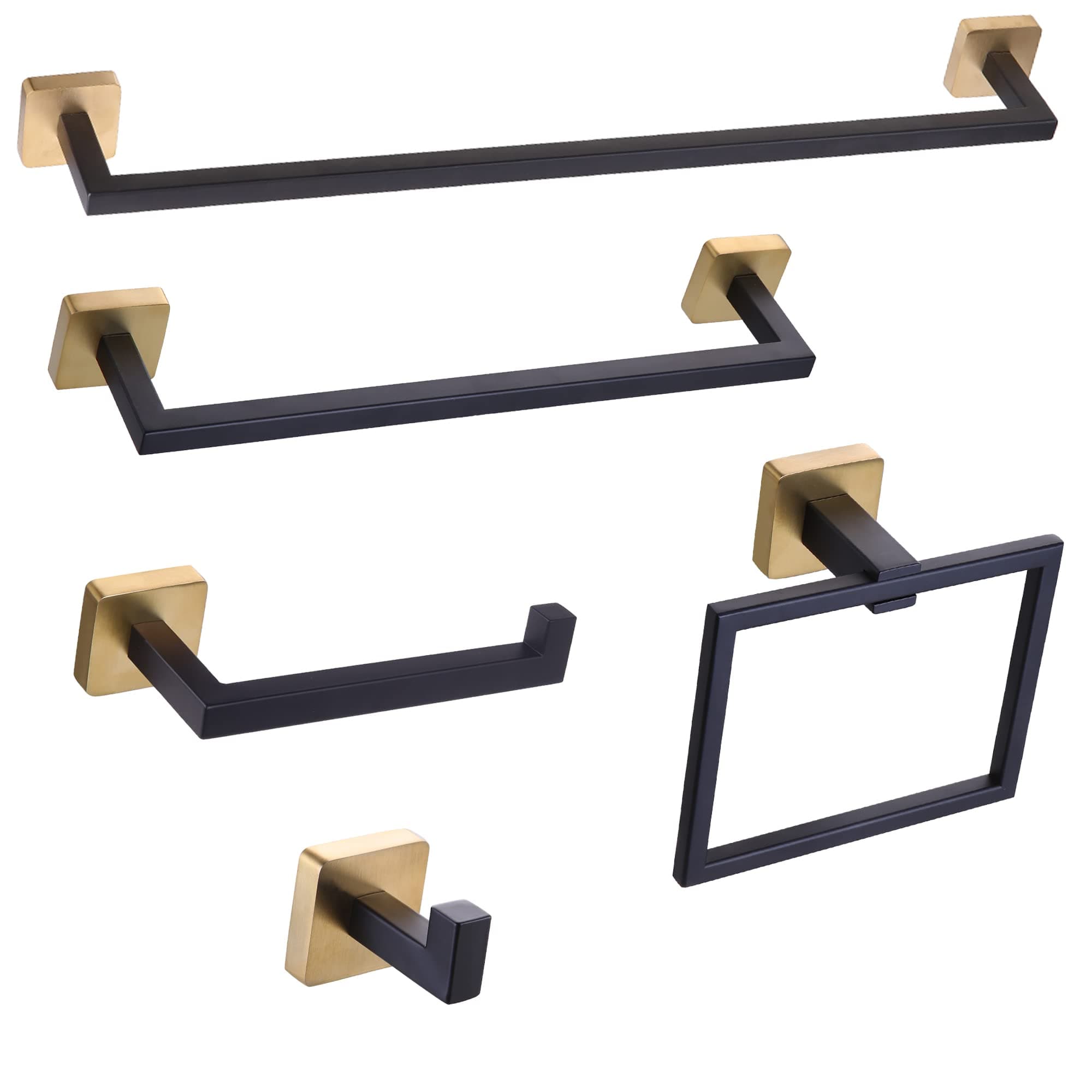 Ntipox 5 Pieces Black and Gold Bathroom Hardware Accessories Set,Stainless Steel Square 23.6" +16 "Double Hand Towel Bar Set Black and Gold, Towel Rack Set Wall Mounted…