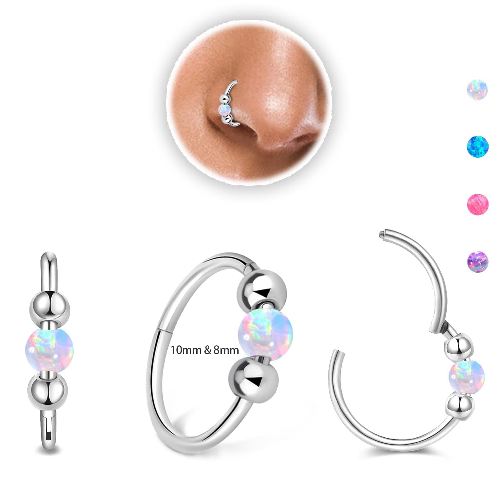 Thiswhyimbeauty 2PCS 18g Opal Nose Rings for Women Nose Hoops 8mm/10mm 316L Surgical Steel Nose Rings Piercing Jewelry Can Be Used as a Nose Ring, Septum Ring, and Cartilage Earring