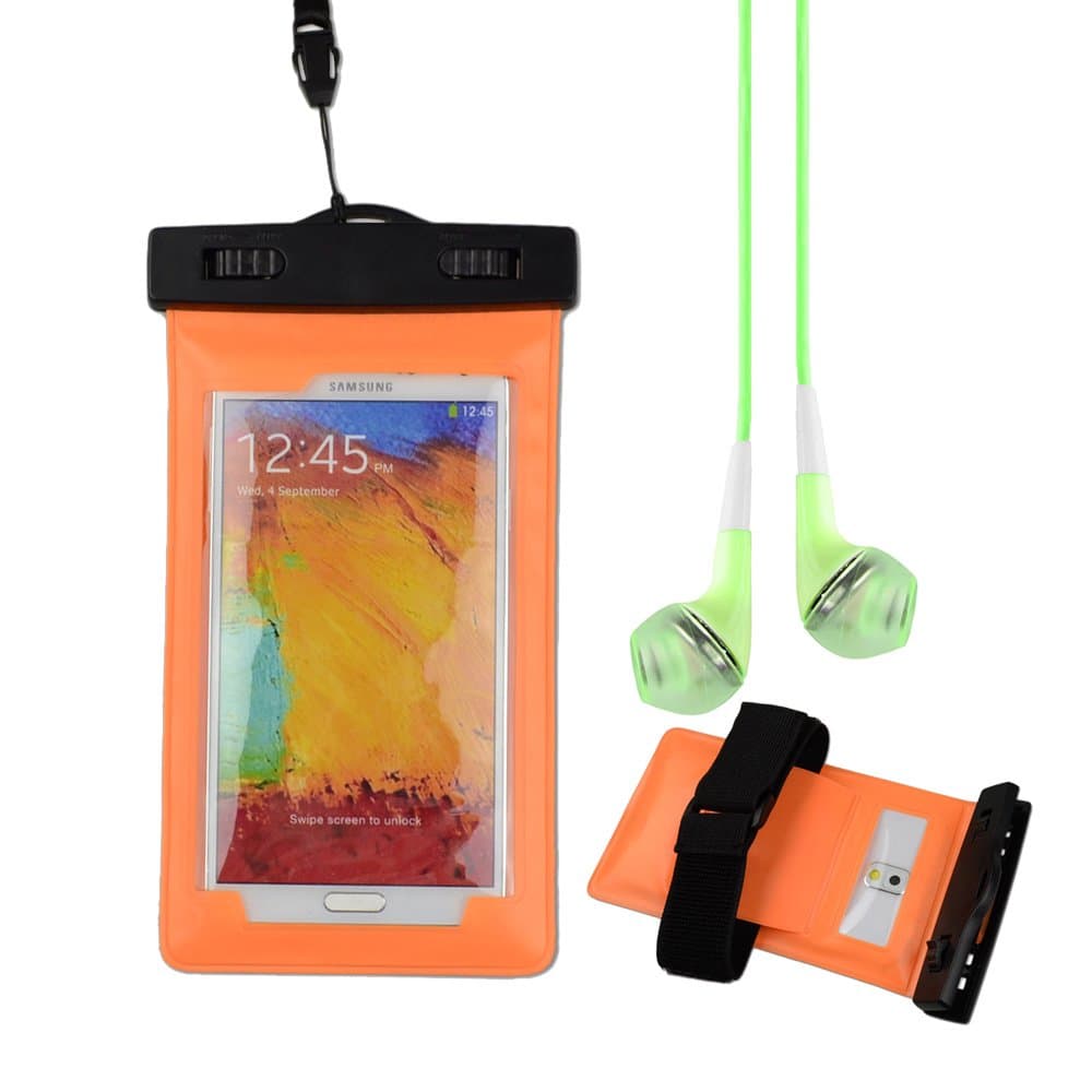 Orange Waterproof case for Samsung galaxy note 3 / note 2 / LG Optimus G Pro + VanGoddy Headphone with MIC , Green