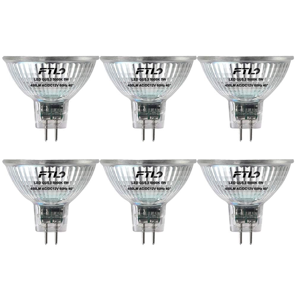 FTL MR16 LED Bulb Non Dimmable 5000K Daylight White Glass 5W AC/DC 12V 50W Halogen Equivalent 500lm GU5.3 Bipin Base 40 Degree Spotlight for Track Recessed and Outdoor Landscape Lighting 6-Pack