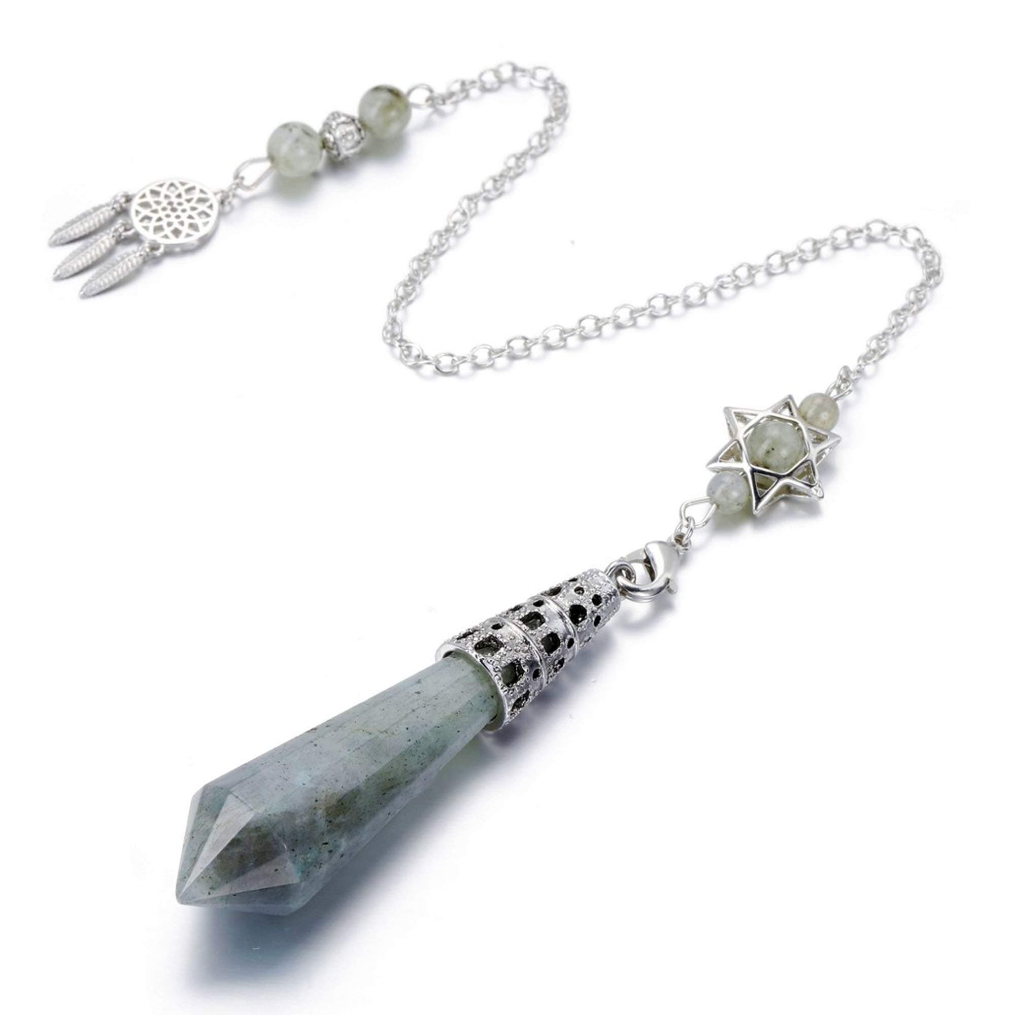 Top Plaza 12 Facted Labradorite Healing Crystal Dowsing Pendulum Necklaces for Divination Reiki Wicca Witchcraft Supplies Balancing Pointed Pendant Pendulum with Dream Catcher Hexagram Charm