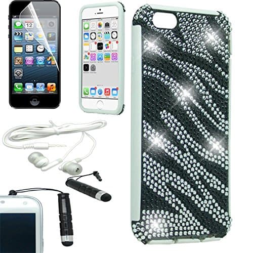 [ARENA] BLACK SILVER ZEBRA BLING GEM HYBRID SLIM COVER FITTED SNAP ON HARD CASE for APPLE IPHONE 6 4.7 INCH + FREE ARENA ACCESSORY KIT