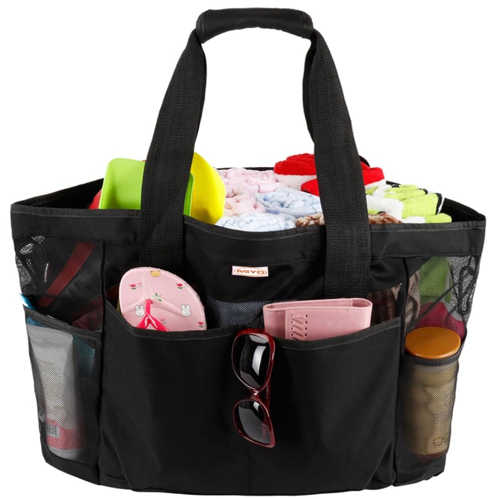 MIYOBeach Bag, Mesh Beach Bag, Women's Tote Bag, Beach Mesh Bag, Large Capacity Beach Organizer with Zipper and 9 Pockets, Waterproof and Sandproof Foldable-Black