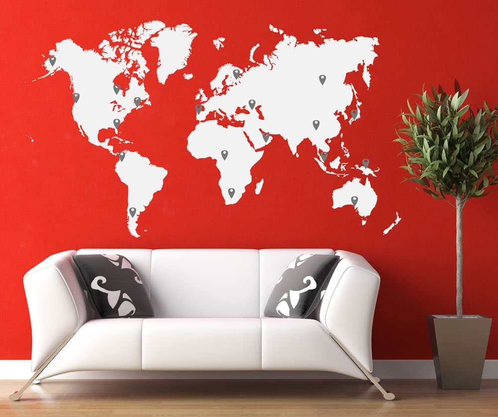 Stickerbrand World Map Wall Decal Sticker w/ 224 Pins - WHITE Map w/Red, Black, White & Grey Pins, 60" x 100". Easy to Apply & Removable.