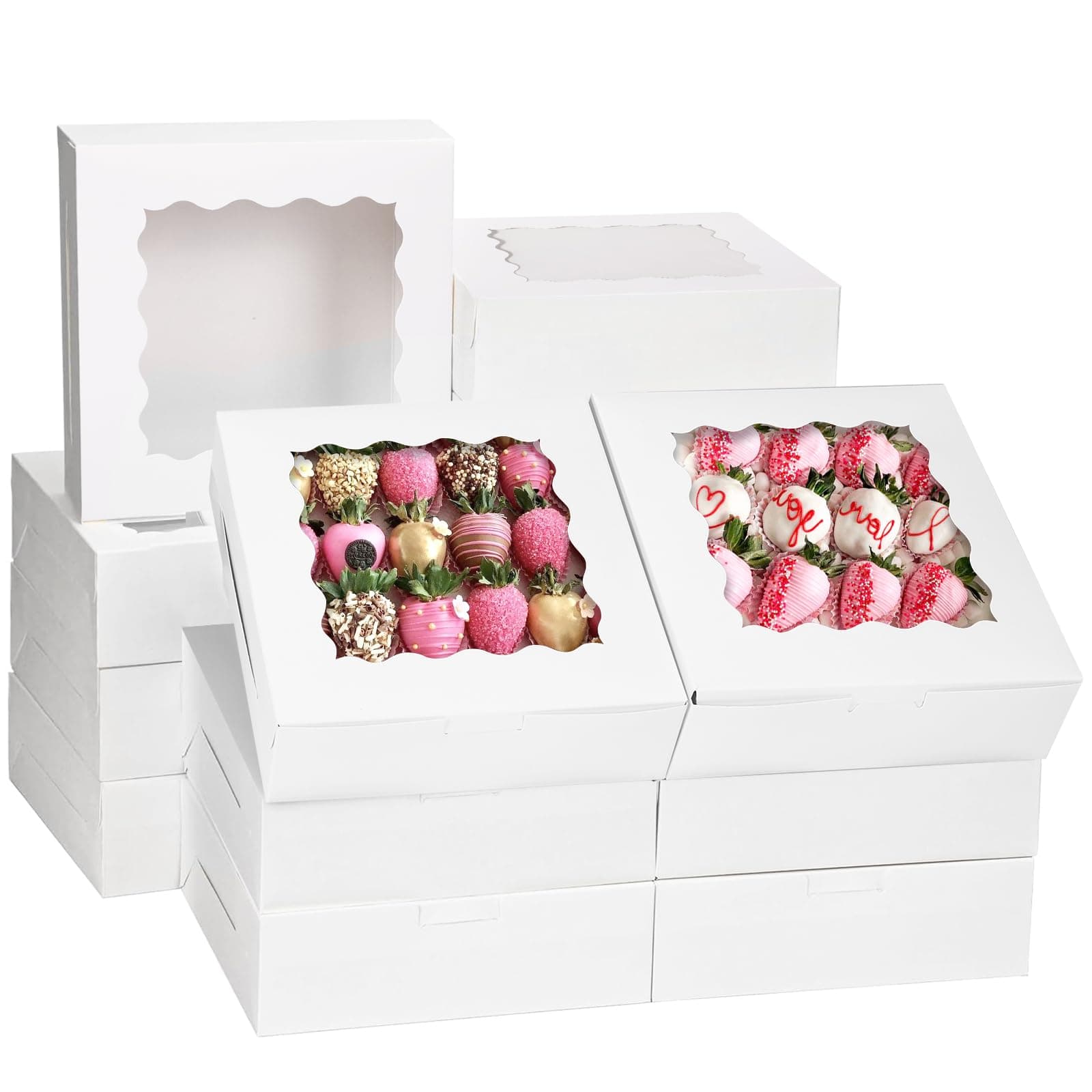 Moretoes 30pcs Bakery Boxes, 8x8x2.5 Cookie Boxes with Window, White Treat Containers for Donuts, Chocolate Strawberries, Pie