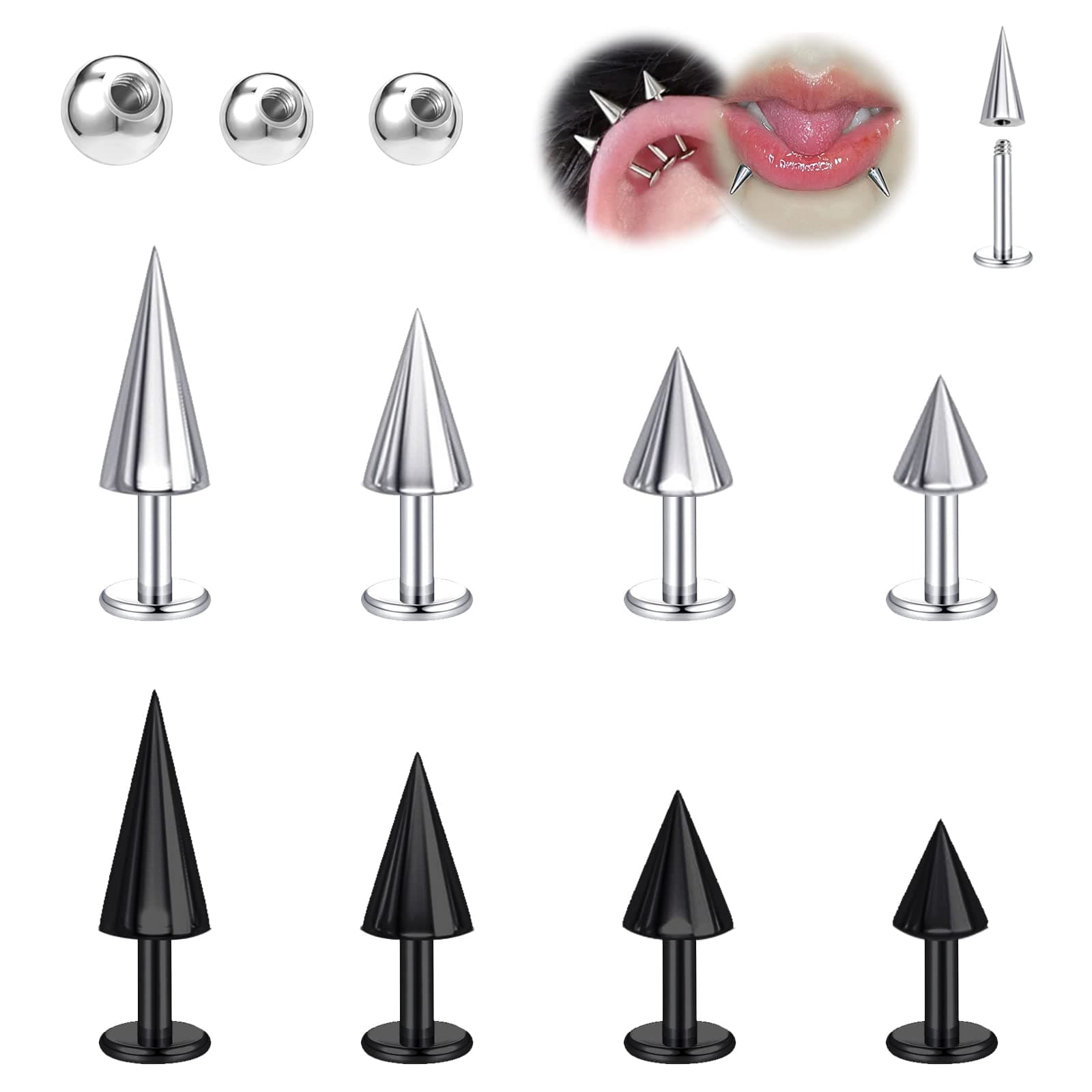 BodyAce 16G Spike Flact Back Earrings Cartilage Lip Rings, Stainless Steel Daith Helix Tragus Studs, Rook Lobe Lip Piercing for Women Men