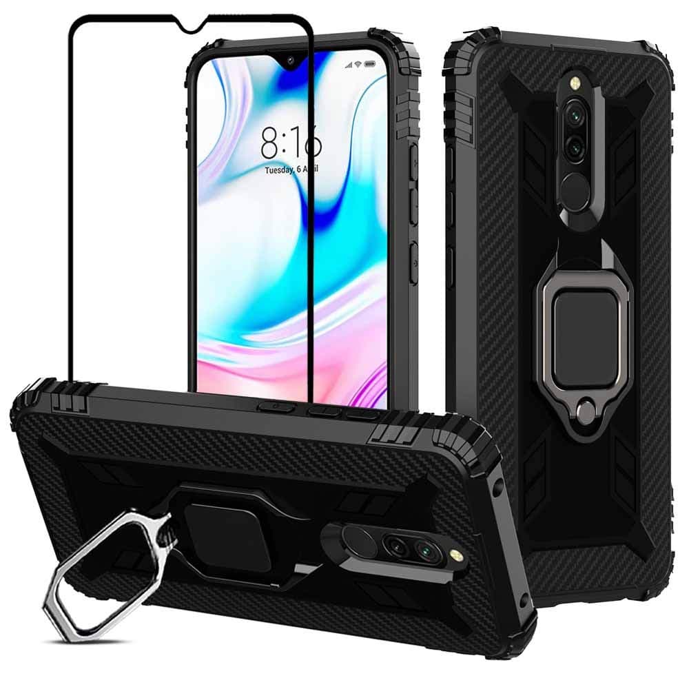VICEANICS for Xiaomi Redmi 8A case, Redmi 8 Cover with Tempered Glass Screen Protector, Soft TPU Armor Case Reforced Cornors with Magnetic Finger Ring Holder Kickstand, Black