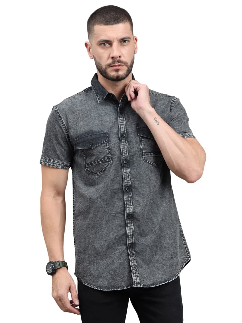 18 PLUS Eighteen Plus Men's Denim Cutaway Collar Slim Fit Half Sleeve Casual Shirt