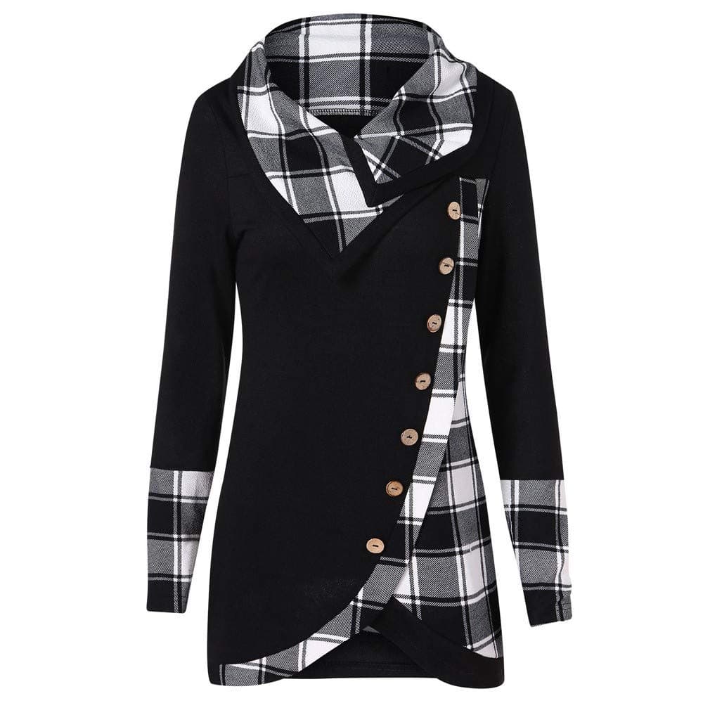 Blouse Women Long Sleeve Plaid Turtleneck Tartan Tunic Sweatshirt Pullover Tops Black