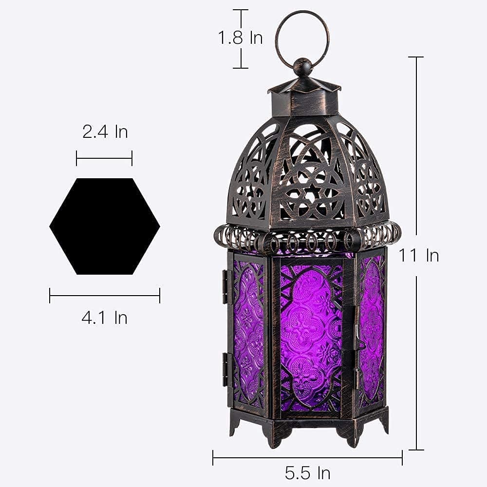 DECORKEY Ramadan Decorations Indoor, Purple Decorative Candle Lantern for Halloween Light Decor, 12.8’’ Moroccan Metal Hanging&Tabletop Lantern, Ramadan Lantern for Home Outdoor Patio(Purple)