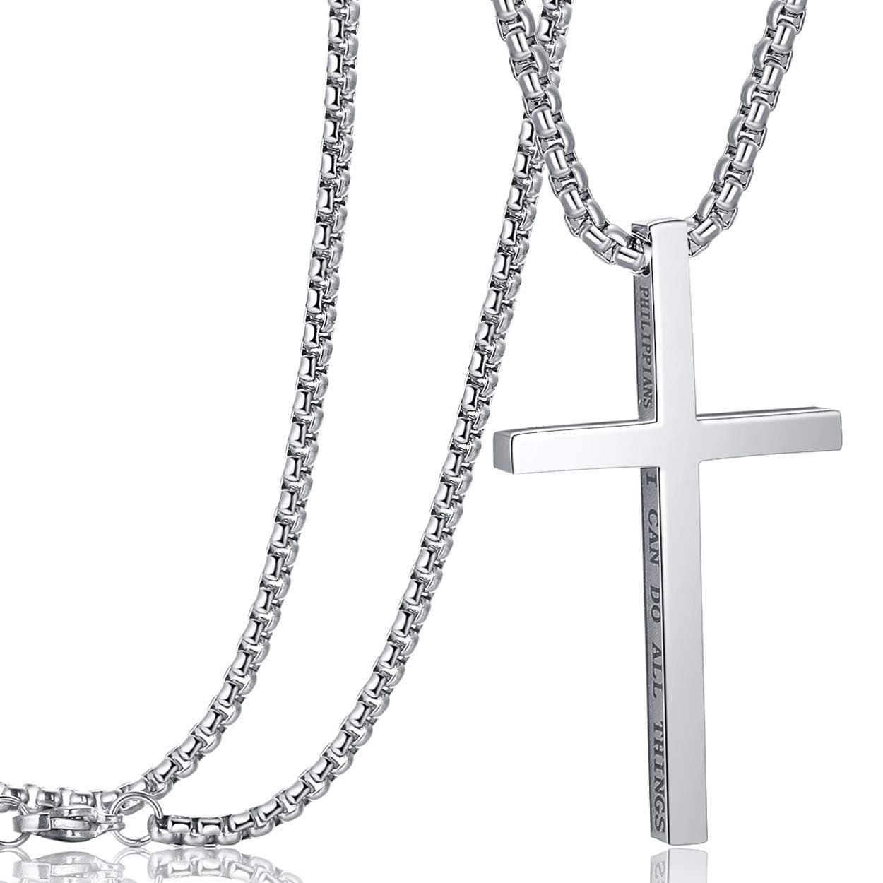 Stainless Steel Cross Pendant Necklaces for Men Women Bible Verse Philippians 4:13 I Can Do All Things 24 Inch Chain