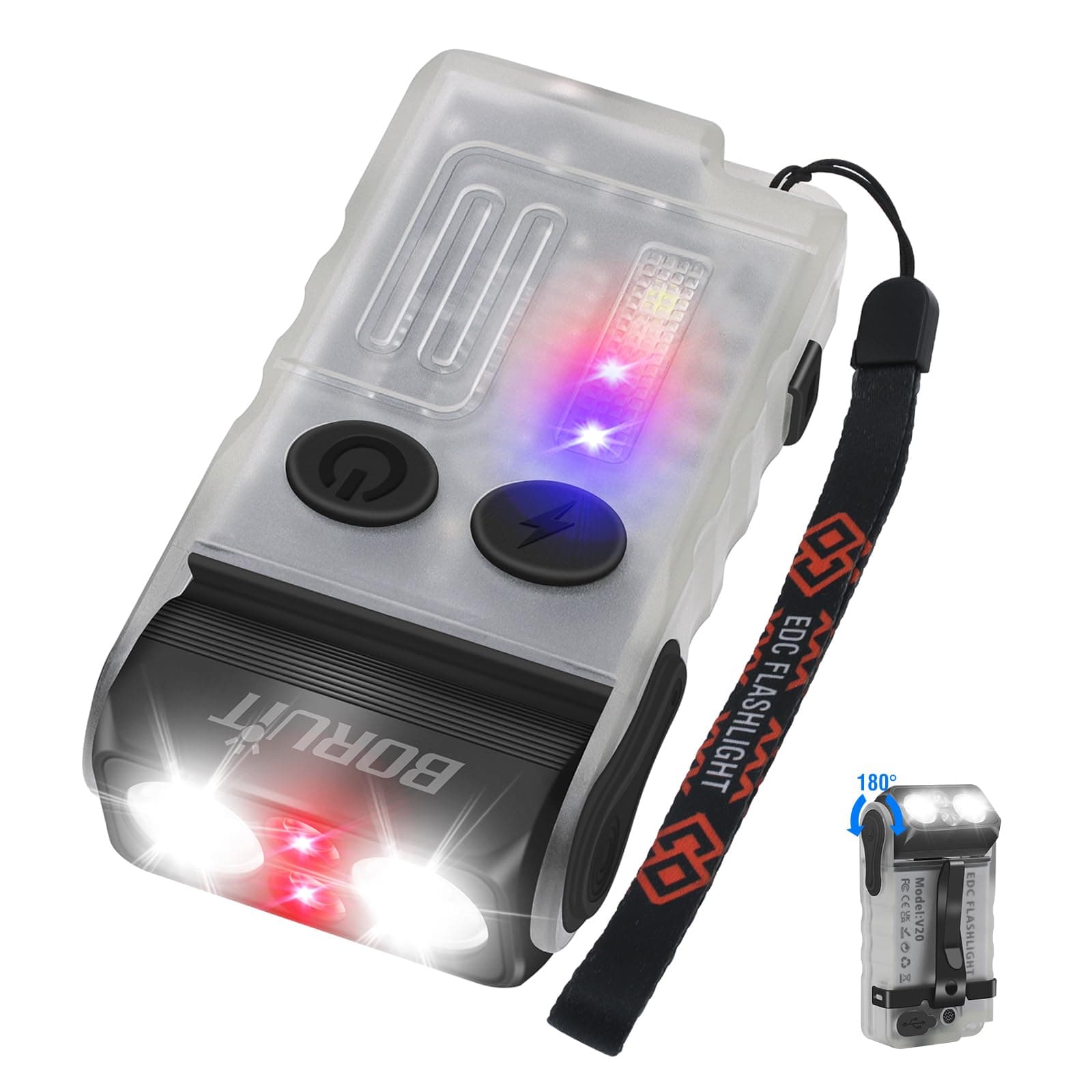 BORUIT V20 LED Small Powerful EDC Flashlight with Clip,180°Head Swivels,Super Bright USB C Rechargeable Mini Pocket Keychain Flash Light with Red COB Light-14 Mode,IP67,Magnetic,110DB Buzzer(White)