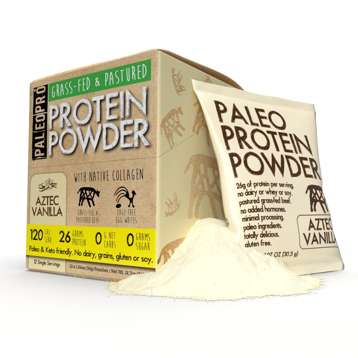 PaleoPro Protein Powder, Gluten Free, Dairy Free, Whey Free, Soy Free, No Added Hormones, Pastured Grass-fed Beef, Minimally Processed Paleo Ingredients, 1.07 Ounce (Pack of 12), Aztec Vanilla