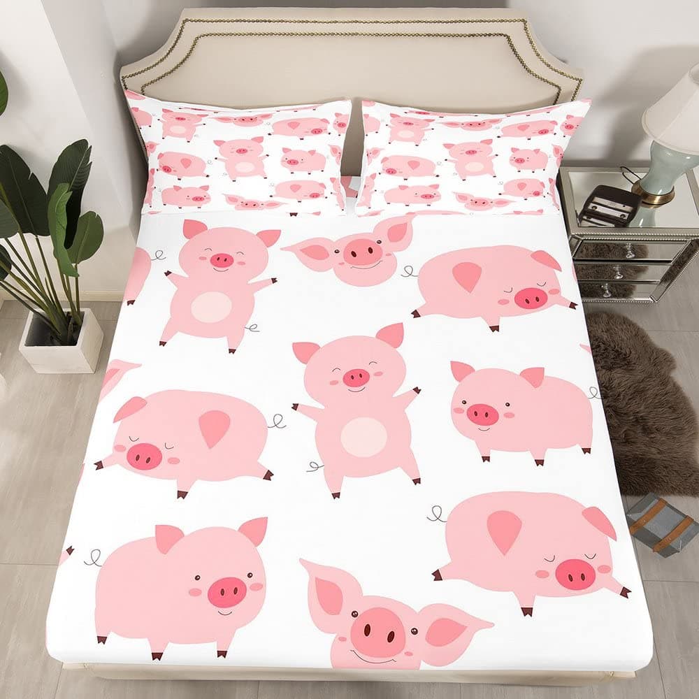 Pink Pig Pattern Fitted Sheet 3D Animals Theme Bedding Sheet Kawaii Pig Print Bed Sheet Set for Children Kids Boys Girls Microfiber Comforter Cover Room Decor Full Size