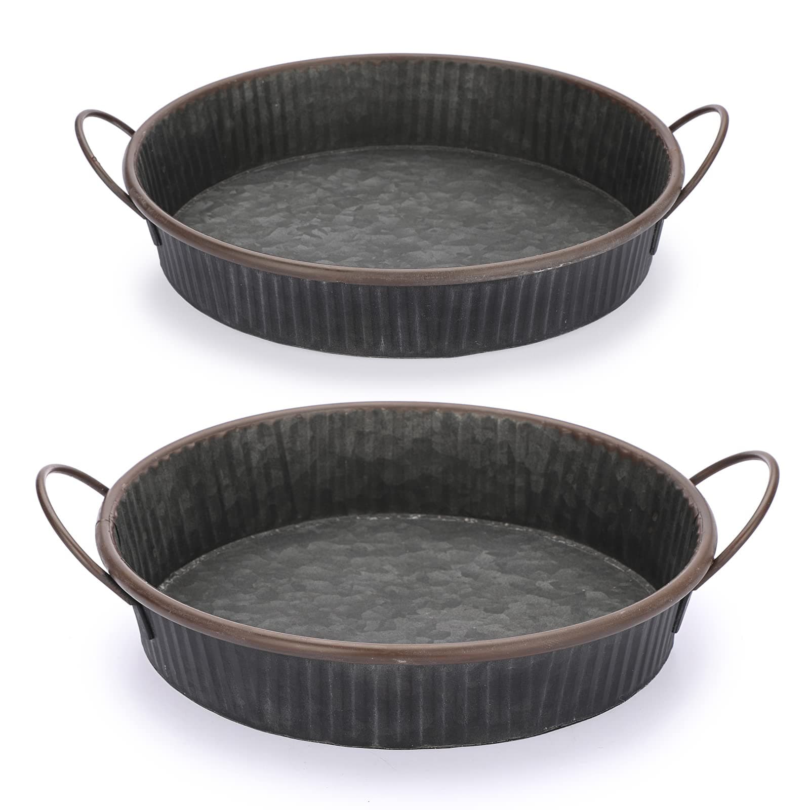 Set of 2 Metal Iron Tray Round Decorative Serving Tray with Handles, Industrial Farmhouse Style Serving Tray Tin, 30CM+26CM