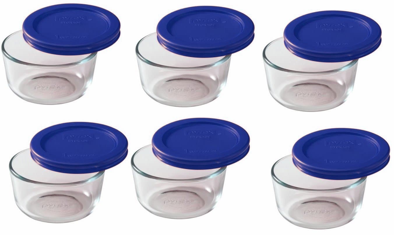 7202 1-Cup Glass Bowl & 7202-PC Cadet Blue Lid (6-Pack) - Made in USA