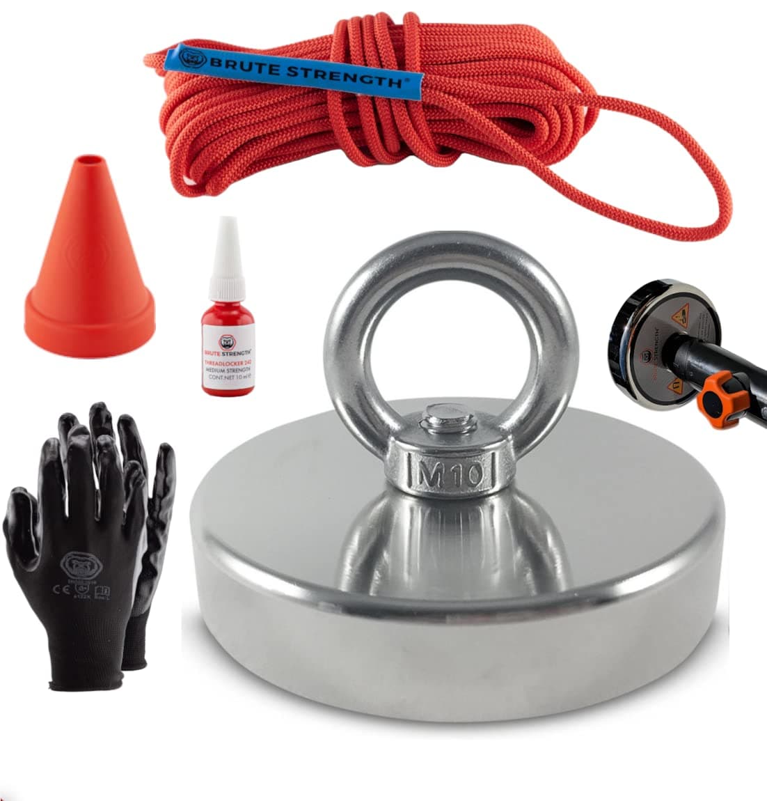 Brute Strength 400KG Neodymium Magnet Fishing Kit - 90mm Round Magnet with 20m Rope, Gloves, Adapter for Telescopic Pole