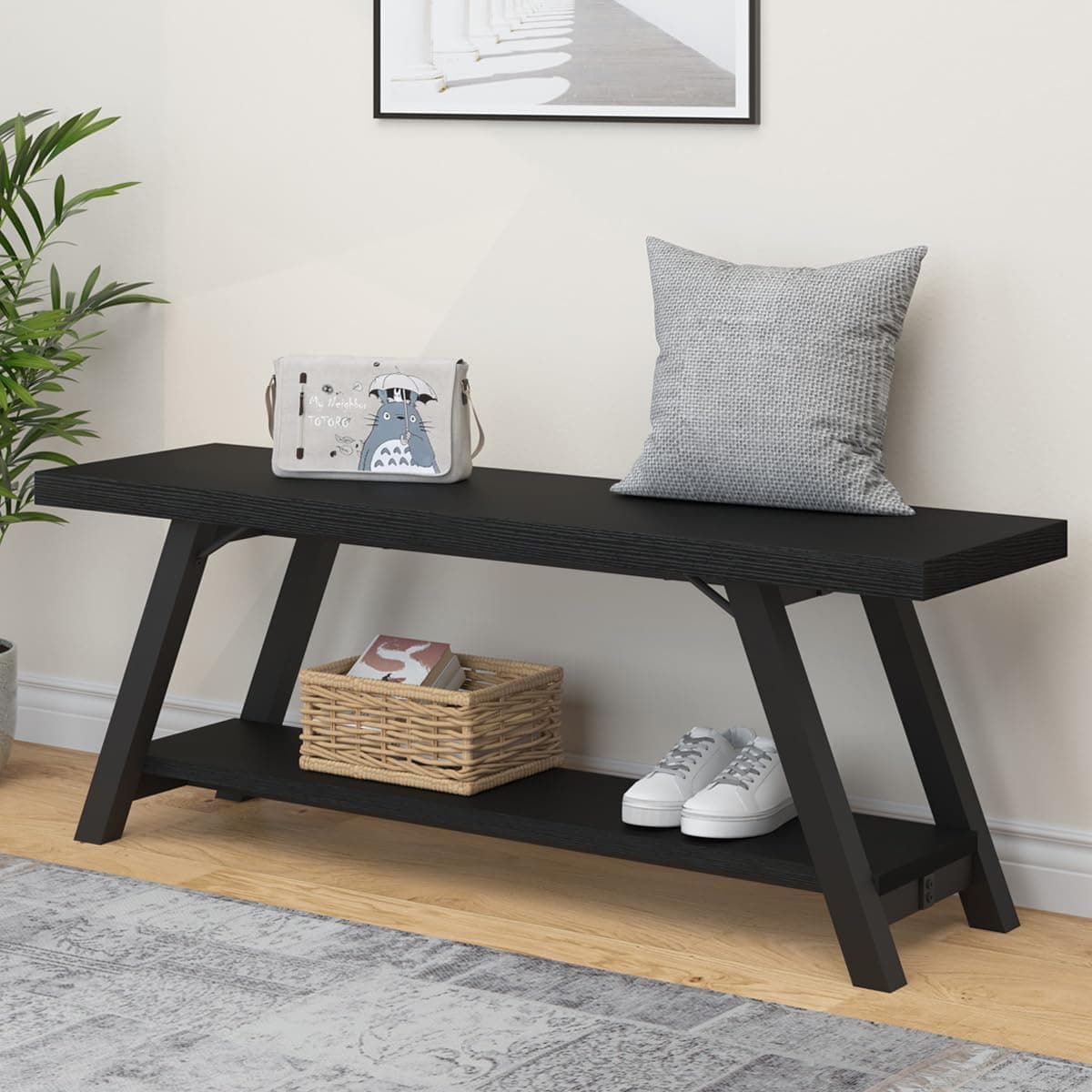 LVB Black Bench, Modern Storage Bench for Bedroom, Wood Metal Entryway Bench for Hallway Dining Living Room, Famrhouse Shoe Rack Indoor Accent Seating Bench for Foyer Entrance, Black Oak, 47 Inch Long