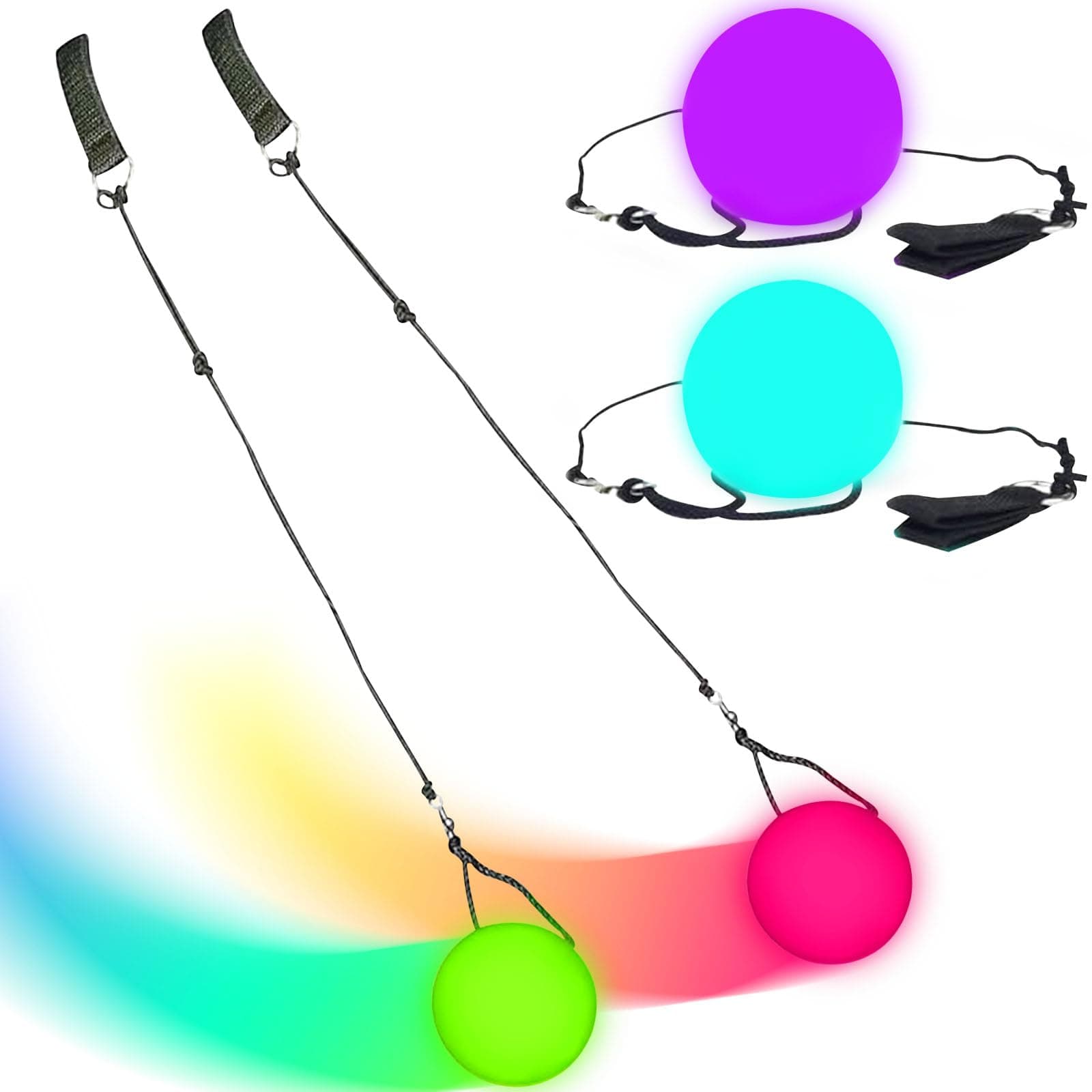 Funmo 2 Pieces LED POI Balls,LED POI Spinning Balls,9 Vibrant Color Light Modes and Patterns,Play in the Dark for Dancing, Beach,Camping,Light shows,Raves, 70 cm