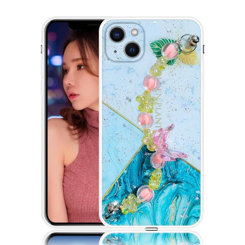 COVERLY TPU Butterfly Chain Phone Case for iPhone 14,Korea Cute 3D Dream Leaves Shinning Star Cute Fashion Style Butterfly Hold Stand Chain Back Cover Case for Apple iPhone 14 for Women Girls Teenager