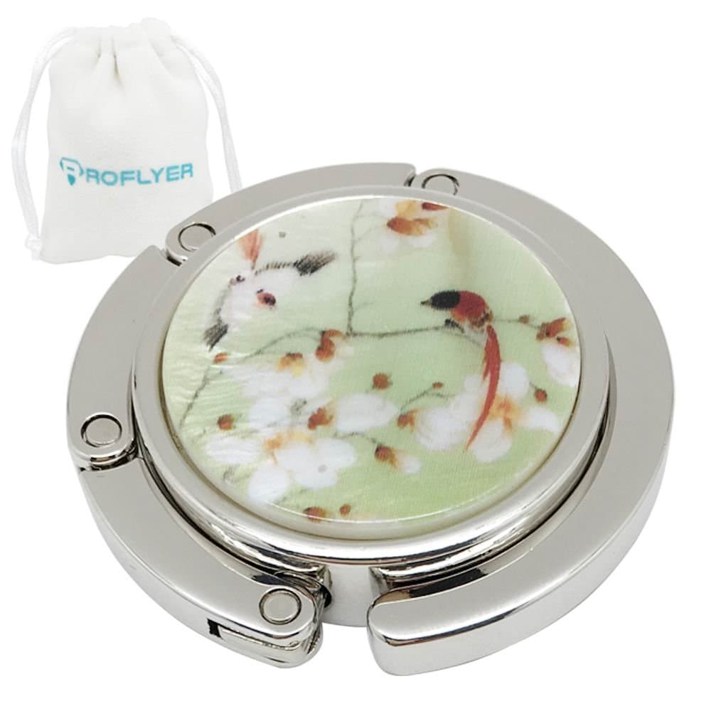 Royceflyer ROFLYER Flower Round Purse Hook - Foldable Handbag Hanger Safer Cleaner Bag, Fold Up For Easy Storage,Folding Table Hanger, with Velvet Pouch (Bird)