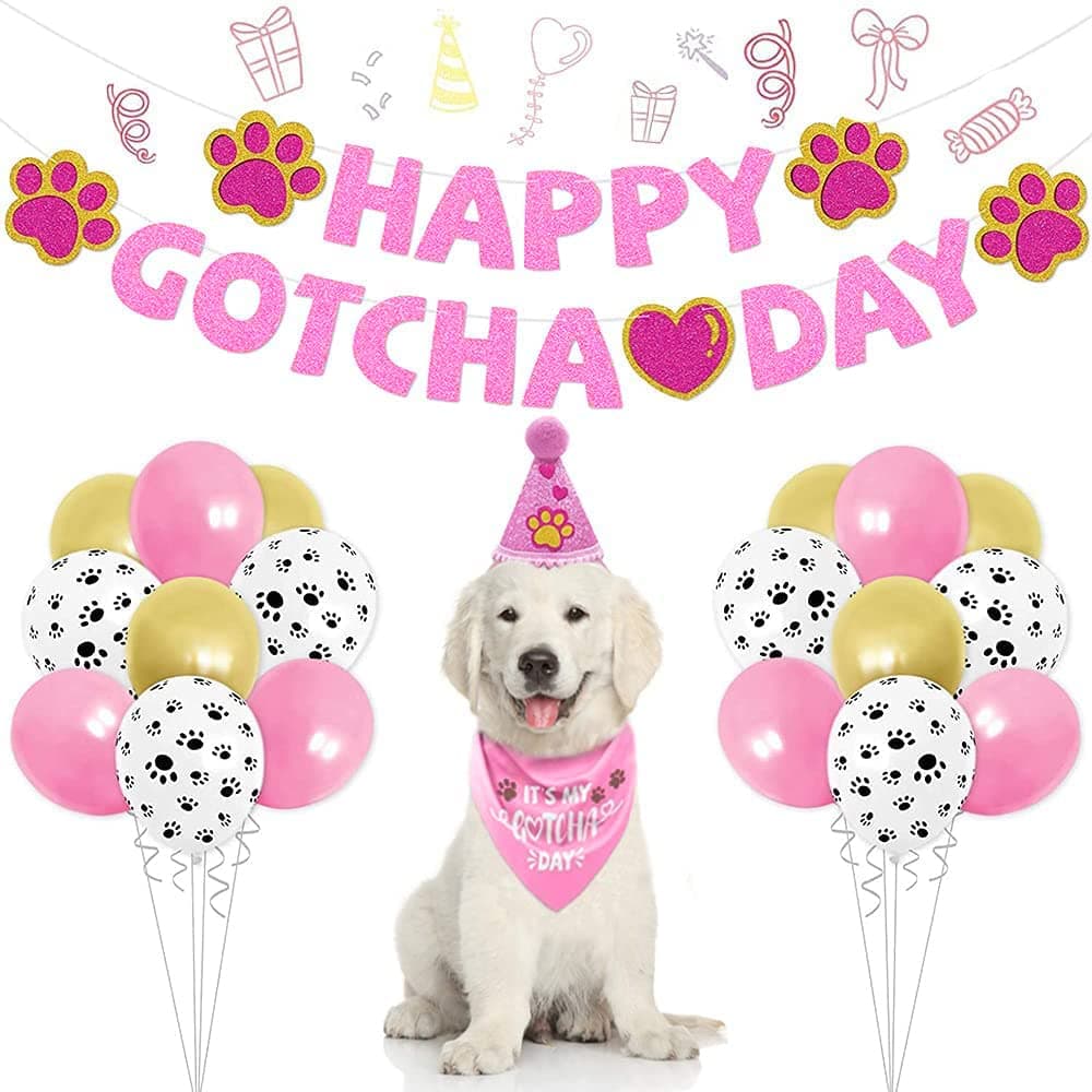 SINFUN Gotcha Day Dog Bandana Boy Girl Pet Happy Birthday Triangle Scarf Bibs Blue Pink Cone Hat Banners Balloons Adoption Party Decor Accessories for Puppy Small Large Dogs Cats (Pink)