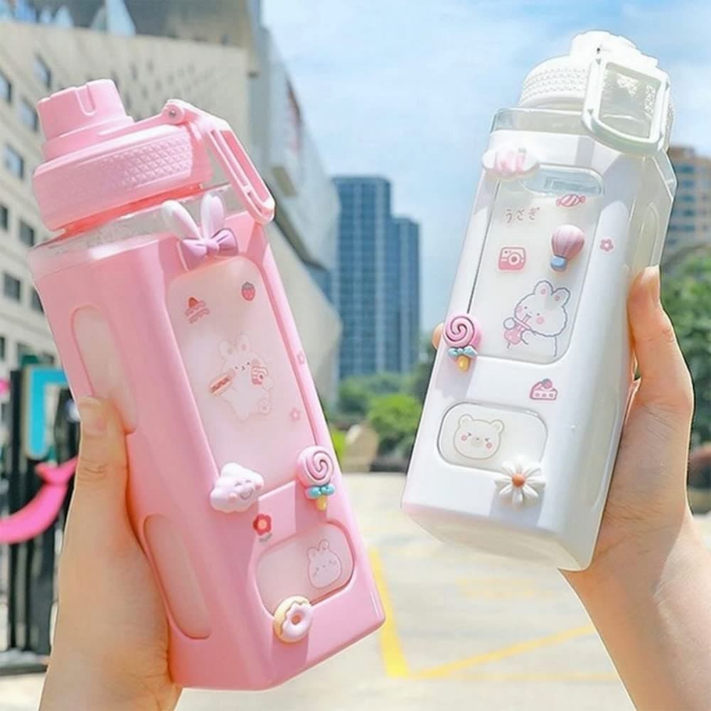 JHTPSLR Large Kawaii Water Bottle with Straw and 3D Stickers Cute Aesthetic Bottle Kawaii Milk Bottle Tea Cup Juice Shaker Portable Silicone (700ml/24oz, Pink)