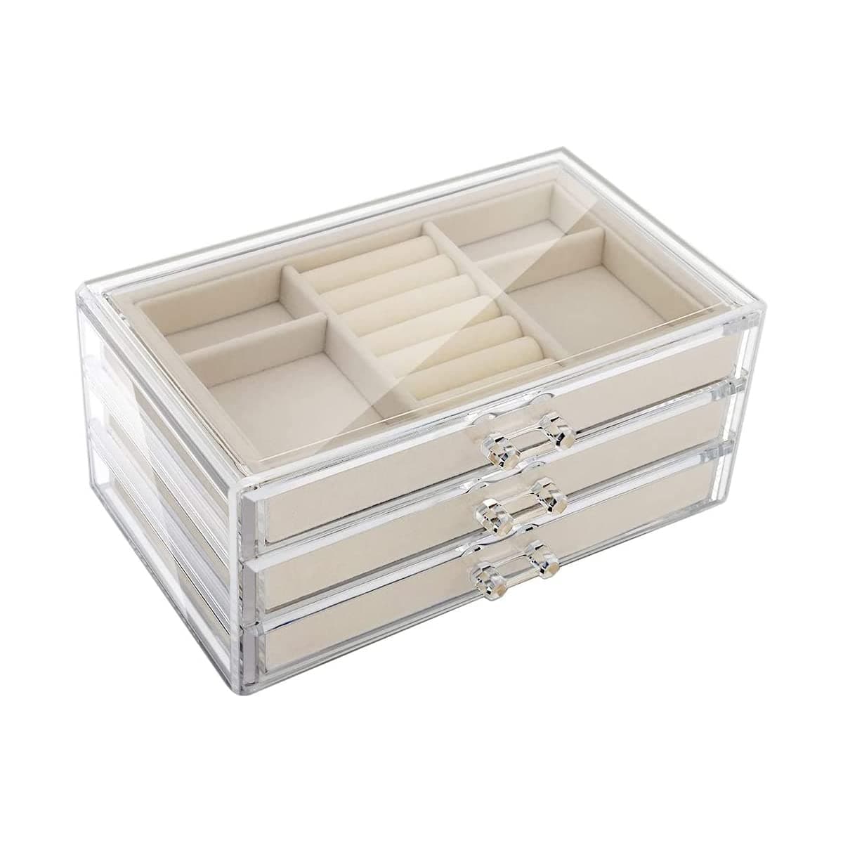 OFRANKOFRANK Acrylic Jewelry Organizer Box with 3 Drawers, Clear Jewelry Boxes for Women Earring Rings Bangle Bracelet and Necklace Holder Storage Velvet Jewelry Display Case (Beige)