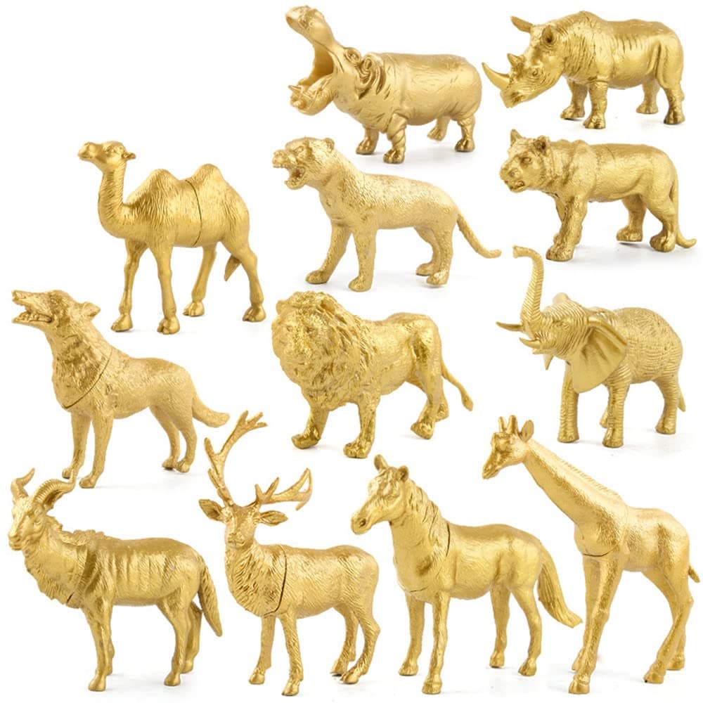 12 Pcs Safari Animals Figurines Toys, Safari Animal Birthday Centerpiece Jungle Gold Wild Animals Figurines Cake Topper for Baby Shower Decor, Wild Themed Birthday Wedding Party Favors