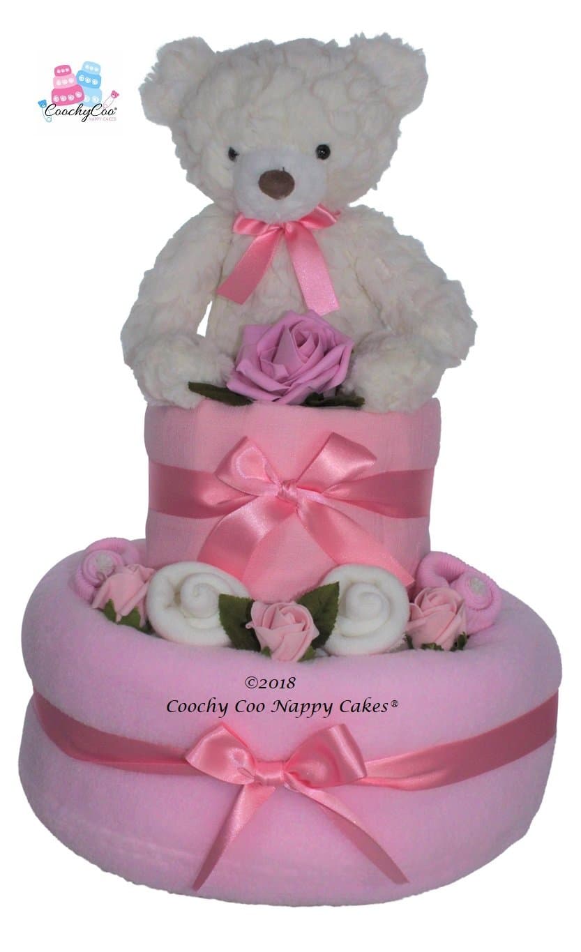 New Baby Girl Teddy Bear Nappy Cake Baby Shower Gift Free Delivery Two Tier (Pink)
