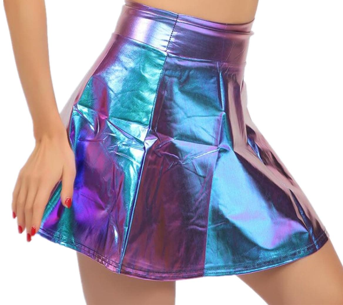 Women Ladies PU Leather Mini Skirt Sexy High Waist Shiny Metallic Skirt for Party Cocktail Dress Performance Costume