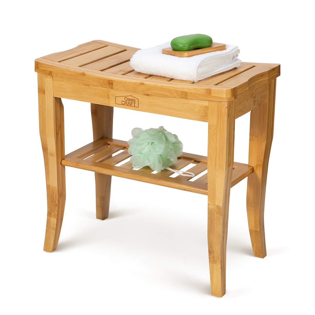 Bamboo Shower Bench and Chair with Free Soap Dish, 19" Waterproof Bamboo Shower Seat Bench with Shelf, Wooden Bathroom Seat Stool Spa Bath Organizer, Perfect for Indoor Outdoor