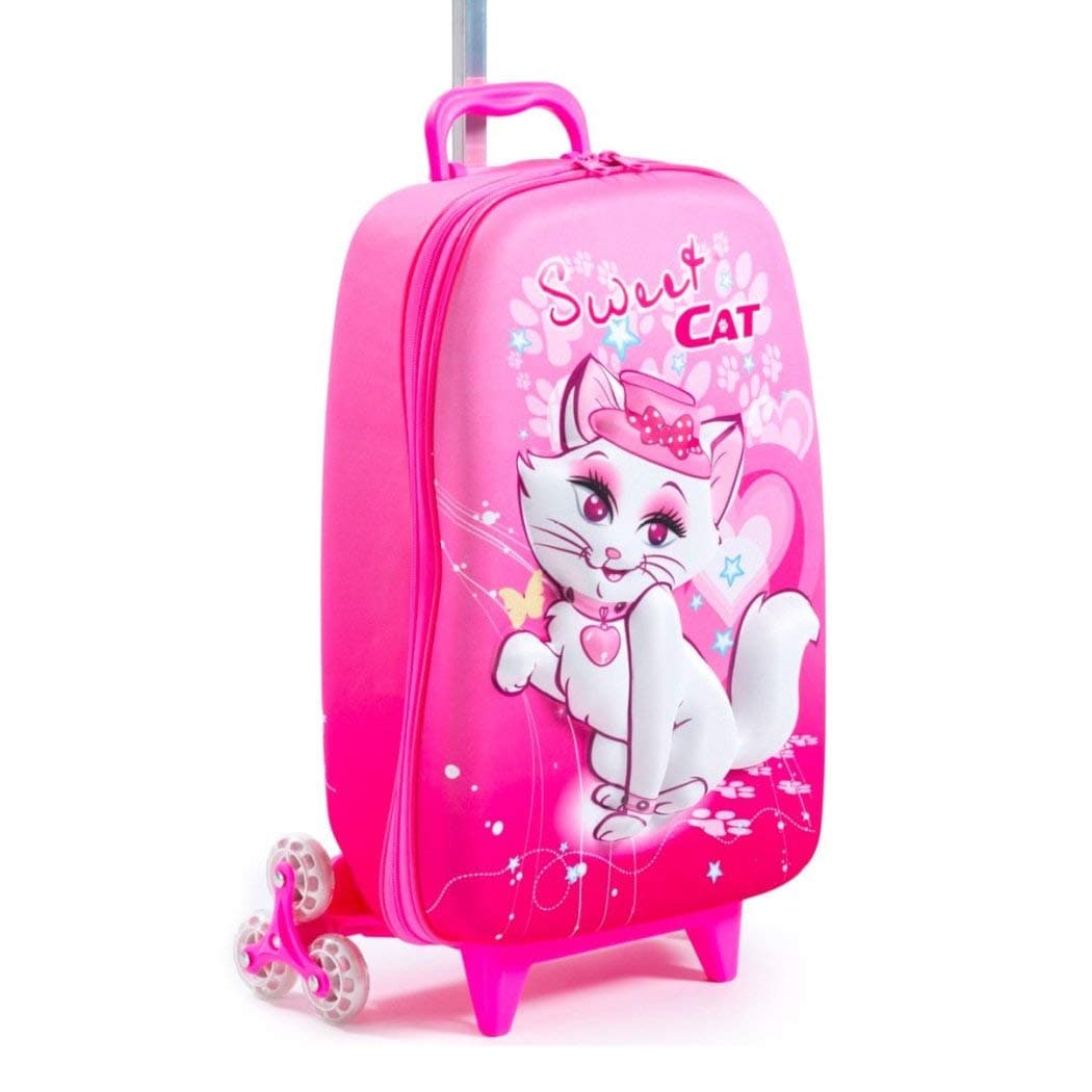 DSOS Girls Pink 3D Cute Face Sweet Cat Theme Wheeled Upright Rolling Suitcase, Cat Lovers, Cat Paw Carry, Pet Animal, Travel Wheeled Suit Bag Wheels, Wheeling Luggage, Fashionable