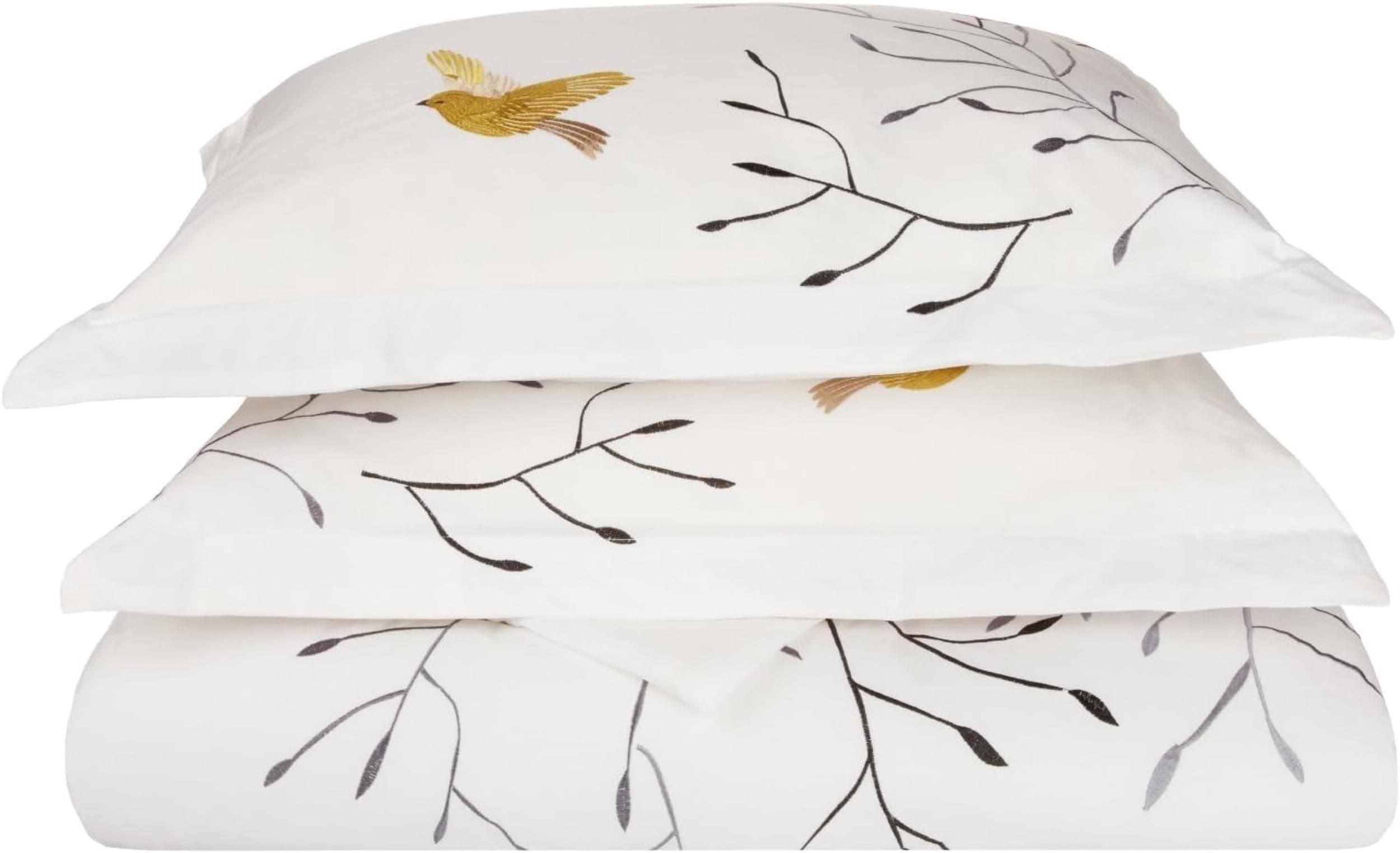 Superior Swallow Cotton 200TC Duvet Cover Set, Comforter Cover, Bed Essentials, Embroidered Tree with Birds, Includes 1 Duvet Cover- Button Closure, 2 Pillow Shams, King/California King, Gold Swallow