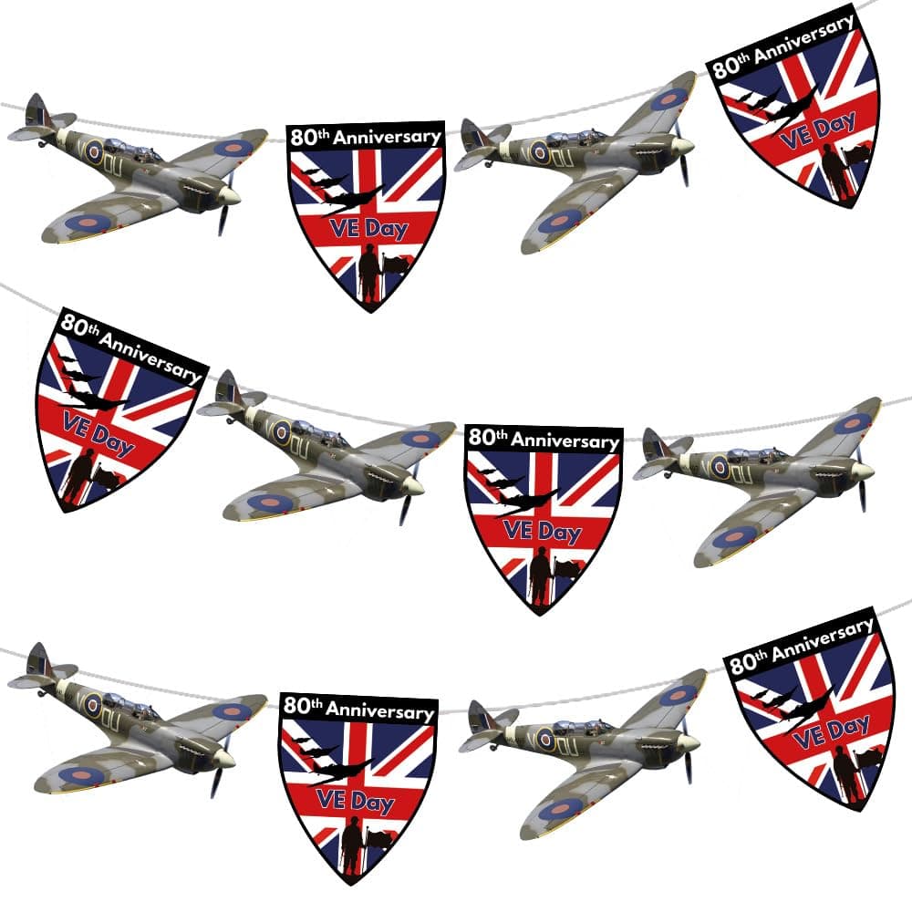 AK GiftshopVE Day 80th Anniversary Spitfire Bunting Party Decorations, Celebrations, Events Union Jack -12pcs / 2.5m Ribbon