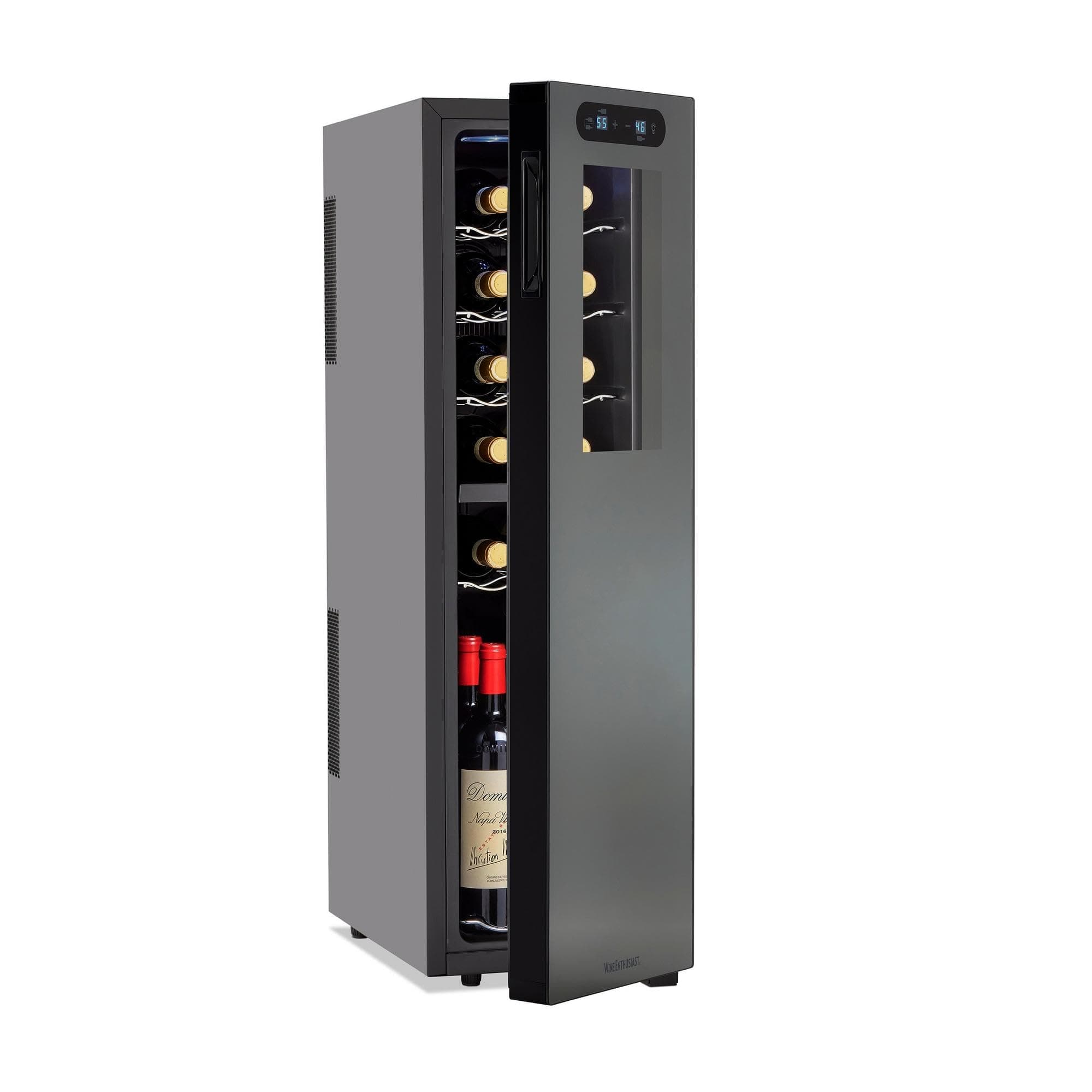Wine Enthusiast 18-Bottle Slimline Dual Zone Wine Cooler - Energy Efficient Freestanding Wine Refrigerator - Upright Bottle Storage, Adjustable Thermostat, Digital Touchscreen (20.5” x 10.7" x 36.8”)