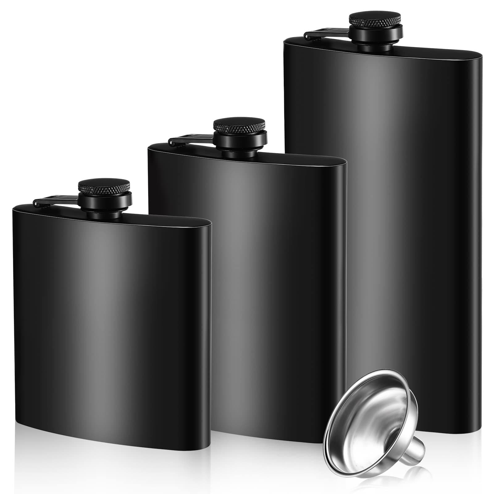 3 Pieces Stainless Steel Flask Set Matte Black Flasks for Men Valentine Gifts Leakproof 6 oz 8 oz 12 oz Flask with 3 Pieces Funnel for Wedding Party