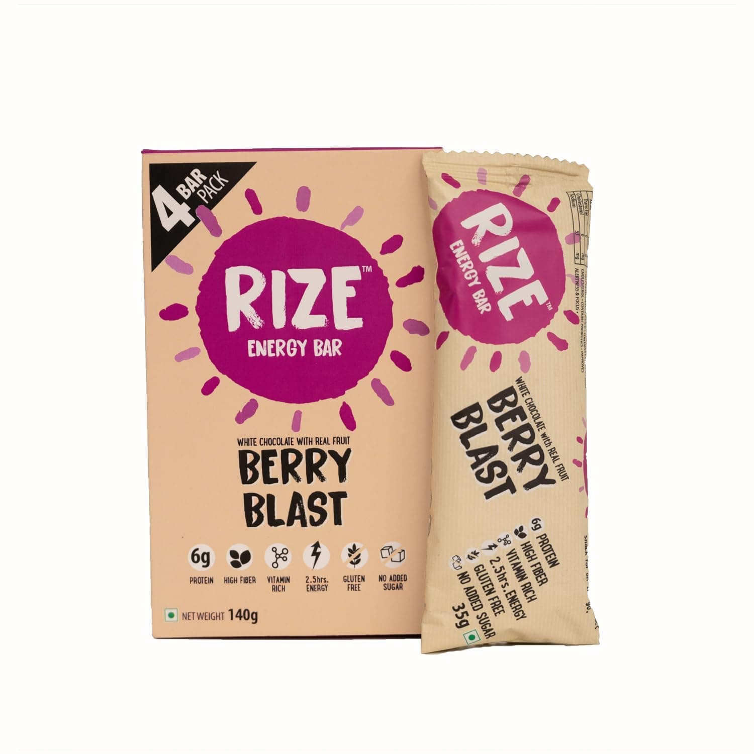 RIZE Energy Bar | Caffeinated Energy Bar with 6gm High Protein | Sugar Free and Healthy Snacks for Men & Women | High Fiber, Gluten Free Protein Bars, Zero Added Sugar | Pre and Post Work Out Protein Bar (Berry Blast - Pack of 4 Bar)