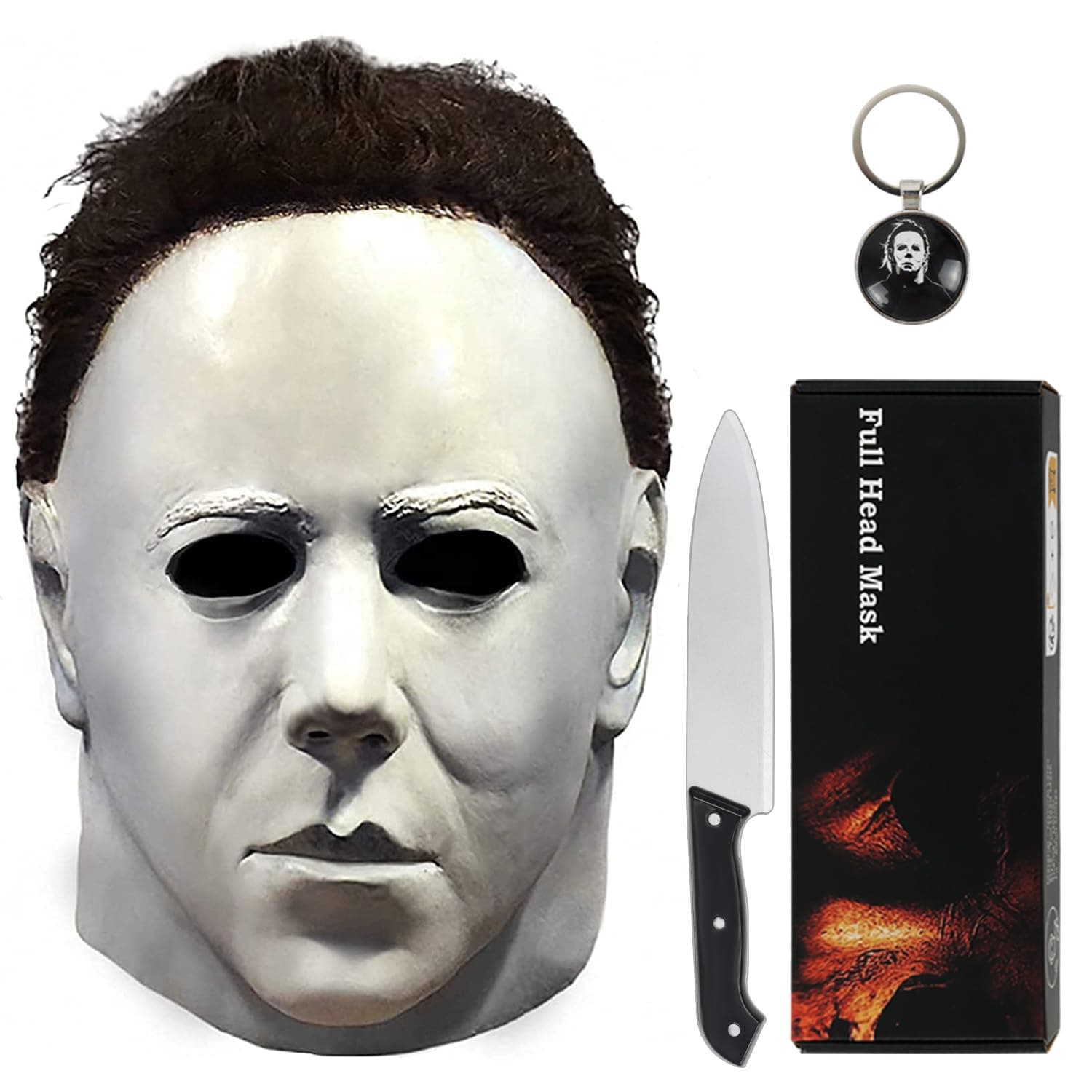 Michael Myers Mask for Adults, Original Micheal Myers Face - Halloween 1978, Full Head Mask Halloween Horror Face Headgear Latex Rubber with Hair, Includes Knife and Keychain