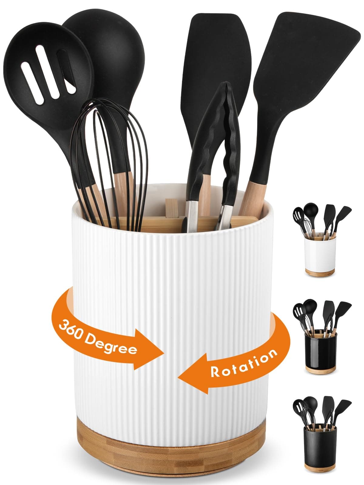 LoeJan 7.5" Utensil Holder, 3 Compartment Ceramic Kitchen Utensil Holder with Cork Bottom, Large Utensil Crock for Countertop, Cooking Tool Organizer Set for Kitchen Counter(White,Vertical Stripe)