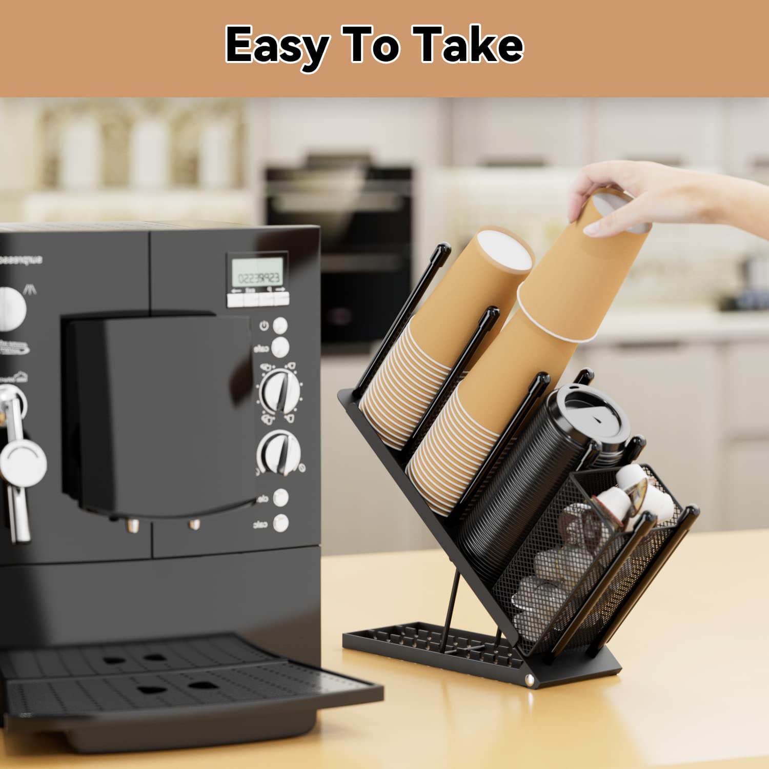 Ovicar Cup Holder and Lid Holder, Adjustable Coffee Cup Organizer, 4 Compartments, Disposable Cup Dispenser with Straw for Coffee, Bar, Counter and Breakroom, Metal, Black