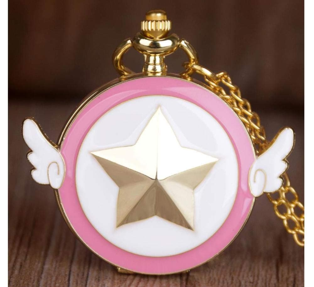 Wall Clock Vintage Anime  Sakura Quartz Pocket Watch Gold Cute Stationary Star Wings Pendant Chain Clock For Girls Women