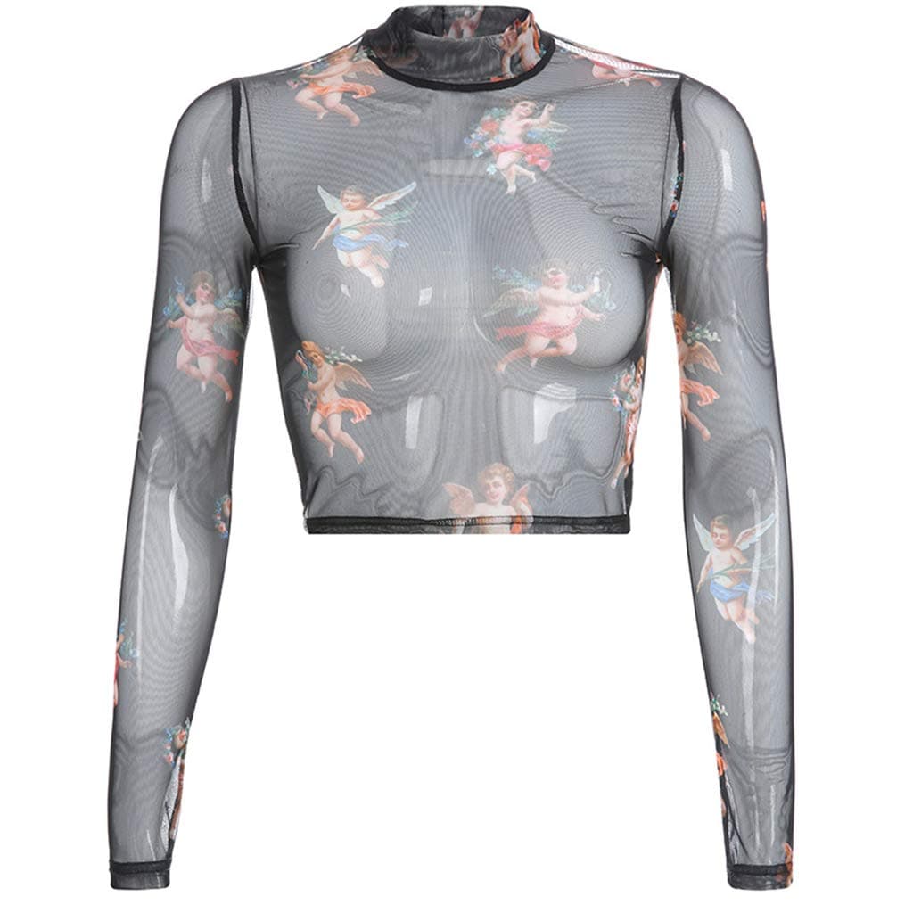 MeiqqmWomens Summer Long Sleeves Mock Neck Crop Top Romantic Colored Angel Cupid Printed T-Shirt See Through Mesh Party Club Blouse 4 Colors (Black, S)