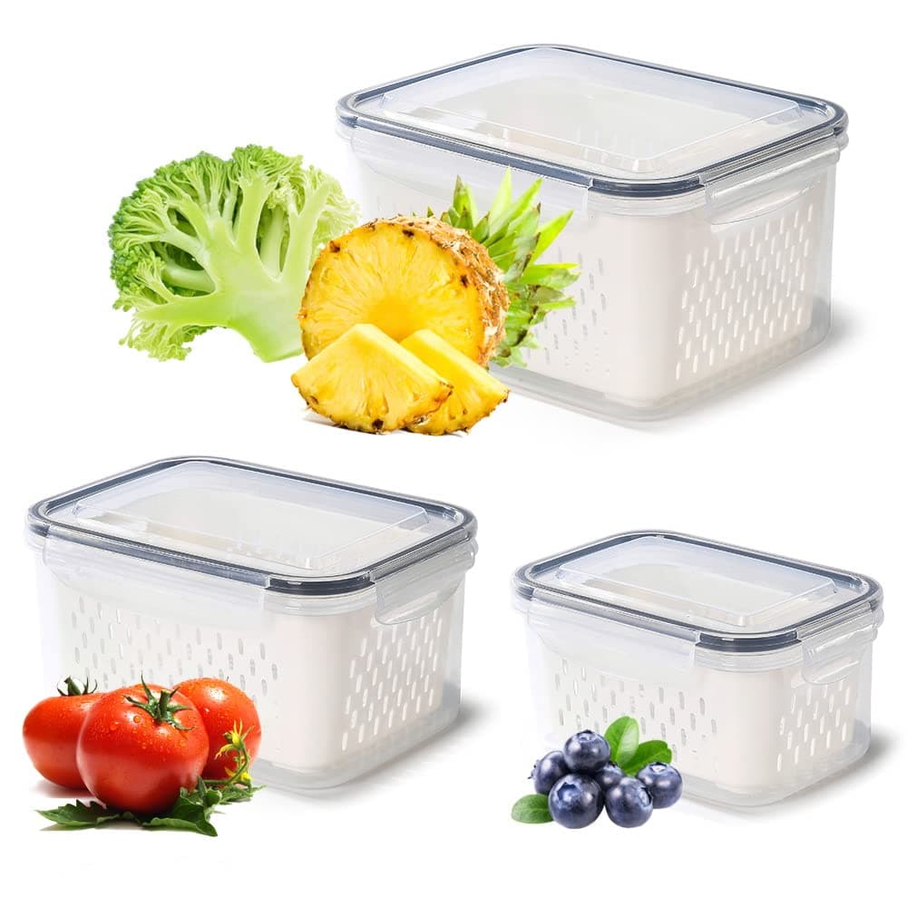 Pack of 3 Fruit Fresh Produce Protector, Grape Container for Fridge, Fruit Saver With Drain Colanders, Partitioned Salad Container, Refrigerator Organizer for Lettuce Berry Food