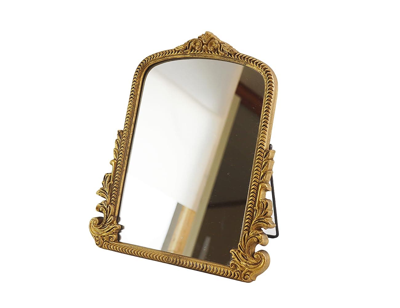 HSDDHOME Vintage Vanity Makeup Desk Mirror，Antique Traditional Chic Arch Table Mirror Gold，Decor Wood Framed Small Standing Carved Arendahl Mirror for Living Room,Bedroom,Tabletop 11.8" x 9.6"