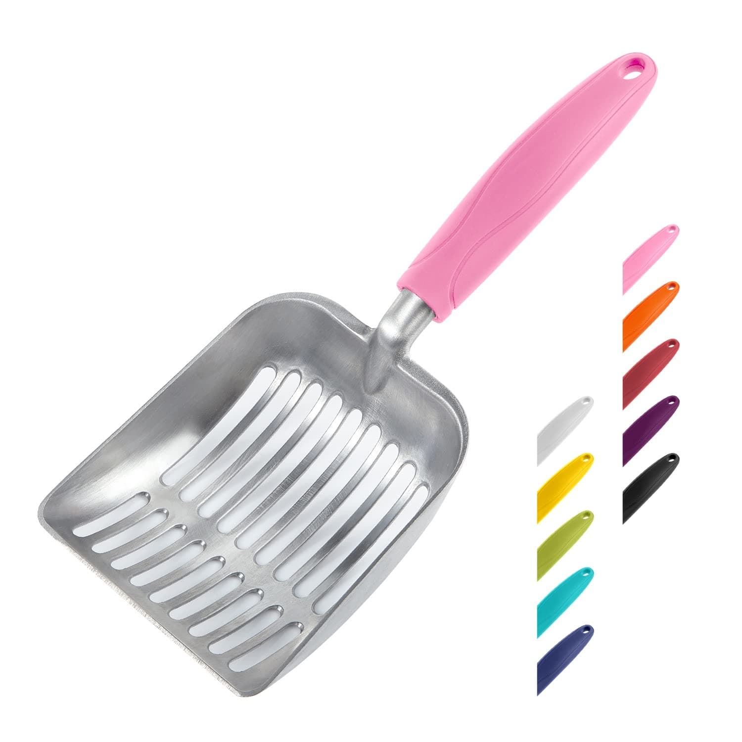 WePet Small Cat Litter Scoop, Aluminum Alloy Sifter, Kitty Metal Scooper, Deep Shovel, Long Handle, Poop Sifting, Kitten Pooper Lifter, Durable, Heavy Duty, Flat Aluminum with Pink Handle